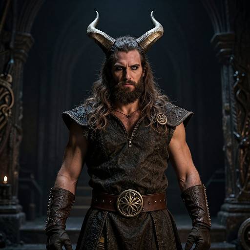 Photograph of a muscular, bearded man with long hair, wearing black armor with silver horns, a dark tunic, and black gloves, standing