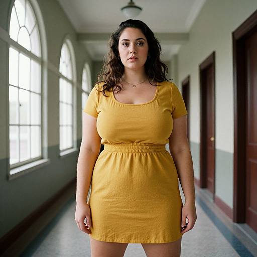 Photograph of a plus-size woman with long dark hair in a yellow dress standing in a brightly lit, arched hallway.