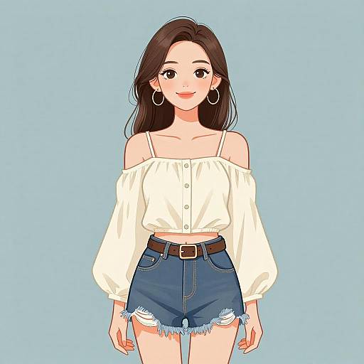 Digital anime-style drawing of a young woman with long brown hair, wearing a white off-shoulder blouse, blue denim shorts, and hoop earrings,