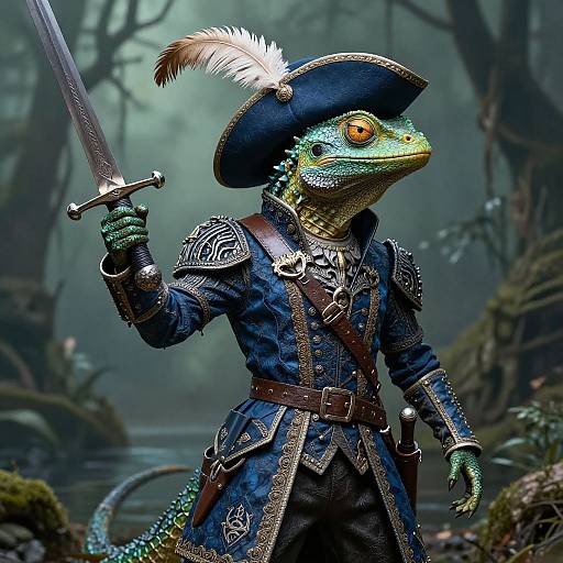 Digital artwork of a green-scaled lizard in 18th-century pirate attire, holding a sword with a feathered hat, in a misty forest