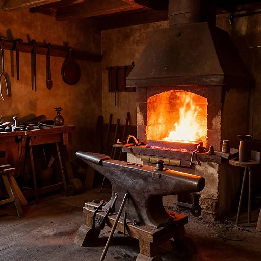 Photograph of a rustic blacksmith's forge with a roaring orange fire, hammer anvil, tools on walls, and wooden workbench. Warm,