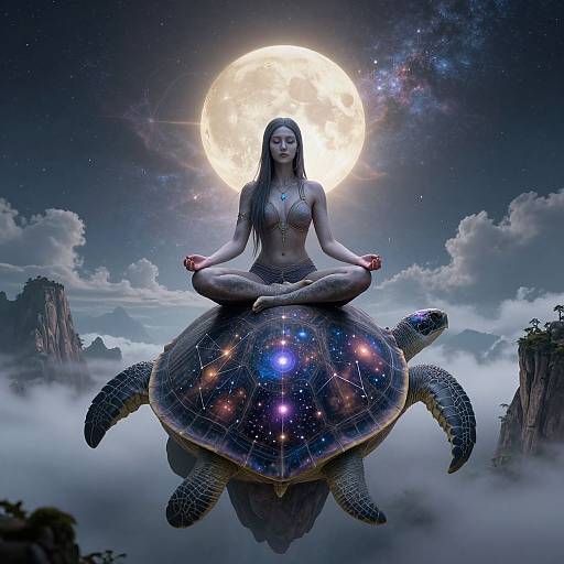 Digital artwork of a serene, topless woman with long black hair, meditating on a celestial turtle, against a moonlit sky and misty mountains