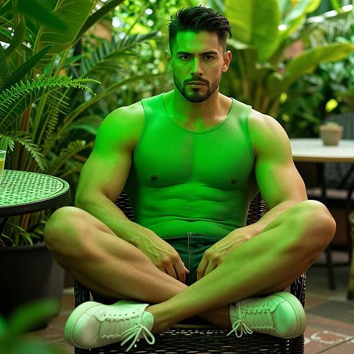 Photograph of a muscular, bearded man with short dark hair, wearing a green tank top, gray shorts, and white sneakers, sitting cross-legged