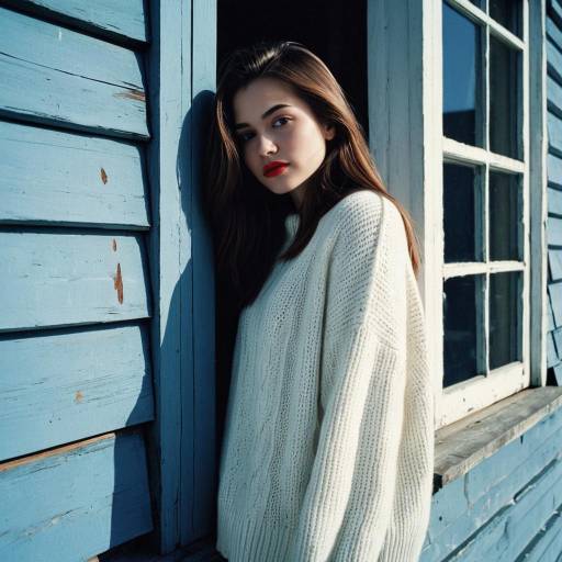 Young Woman in White Sweater by Blue House