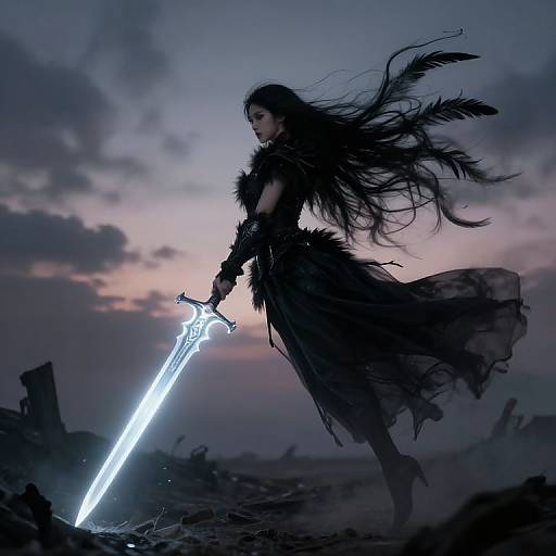 Digital art of a dark-haired woman with flowing feathers, wearing a tattered dress, wielding a glowing sword at dusk. Cloudy sky, ruins in
