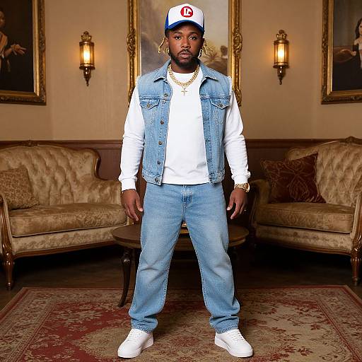 Photograph of a black man with a beard, wearing a white t-shirt, blue denim jacket, jeans, white sneakers, and a baseball cap,