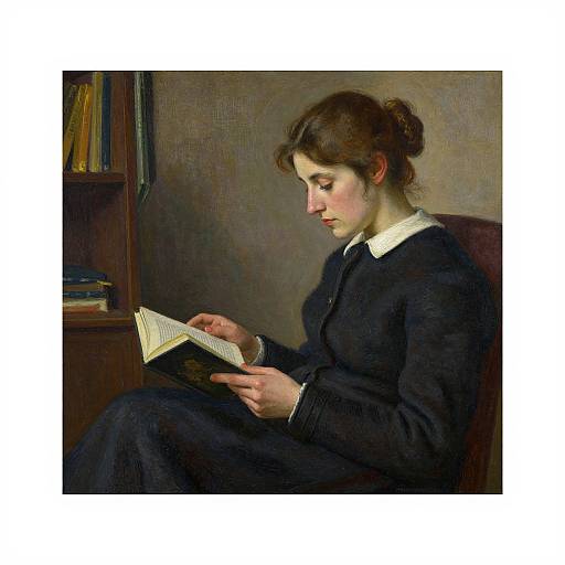 Painting of a focused young woman with brown hair in a bun, wearing a black dress with a white collar, reading a book in a dimly