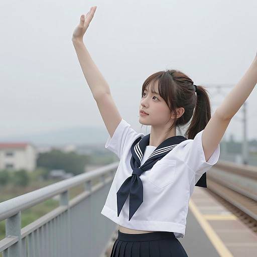 Asian Woman in Sailor Uniform on Platform