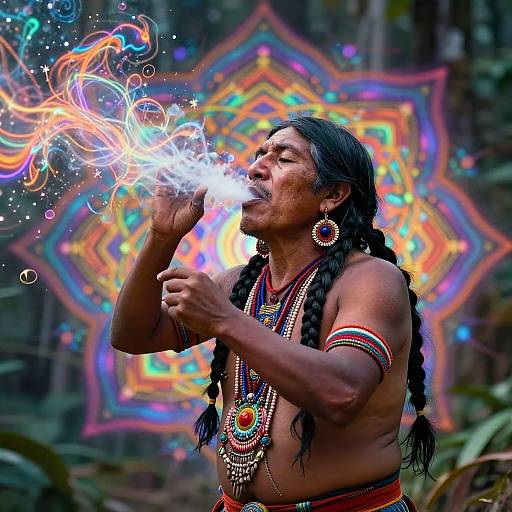 Photograph of a Native American man with braided black hair, wearing colorful beaded necklaces and arm bands, blowing ethereal, rainbow-colored smoke