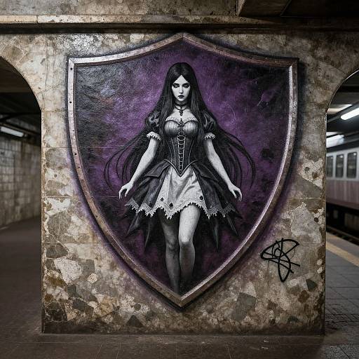 Gothic-style digital graffiti of a dark-haired woman in a corset and skirt, with a purple background, on a worn stone wall in an
