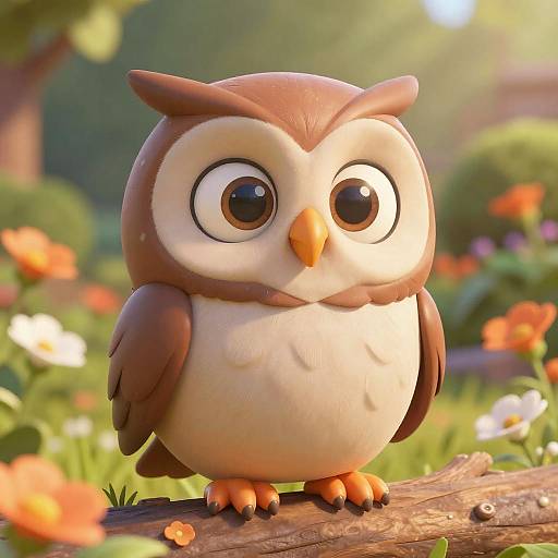 Whimsical Cartoon Owl in Bright Garden