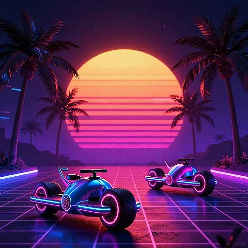 Retro 80s Synthwave Hover Bikes Sunset