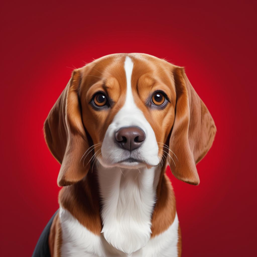 Lifelike Beagle Portrait on Red Background