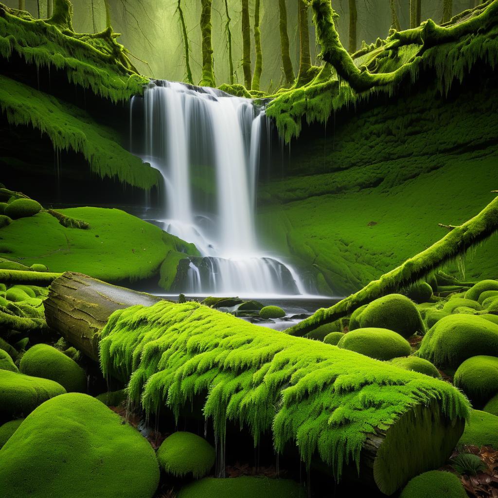 Lush Nature: Mossy Tree Trunk and Waterfall