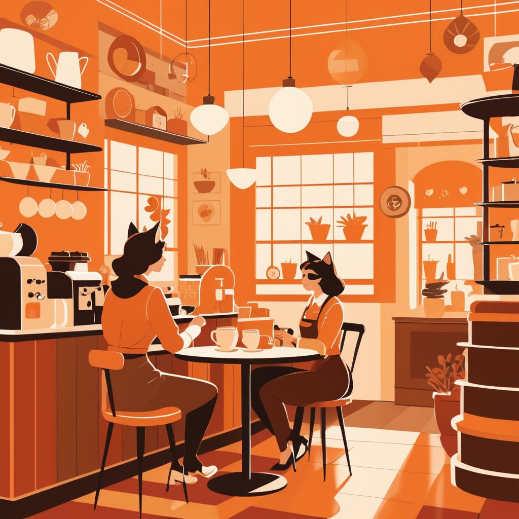 Warm Retro Cafe Scene with Barista and Cat