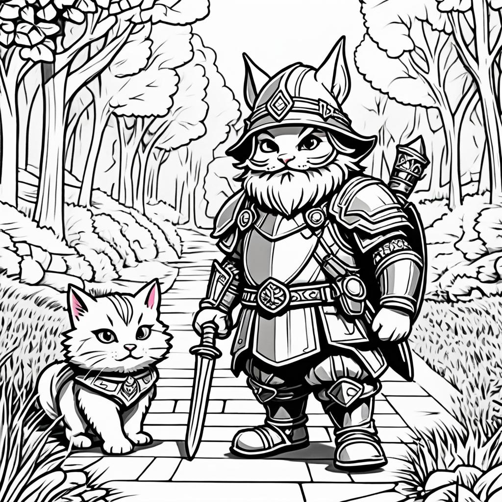 Mischievous Gnome in Armor Walking a Cat