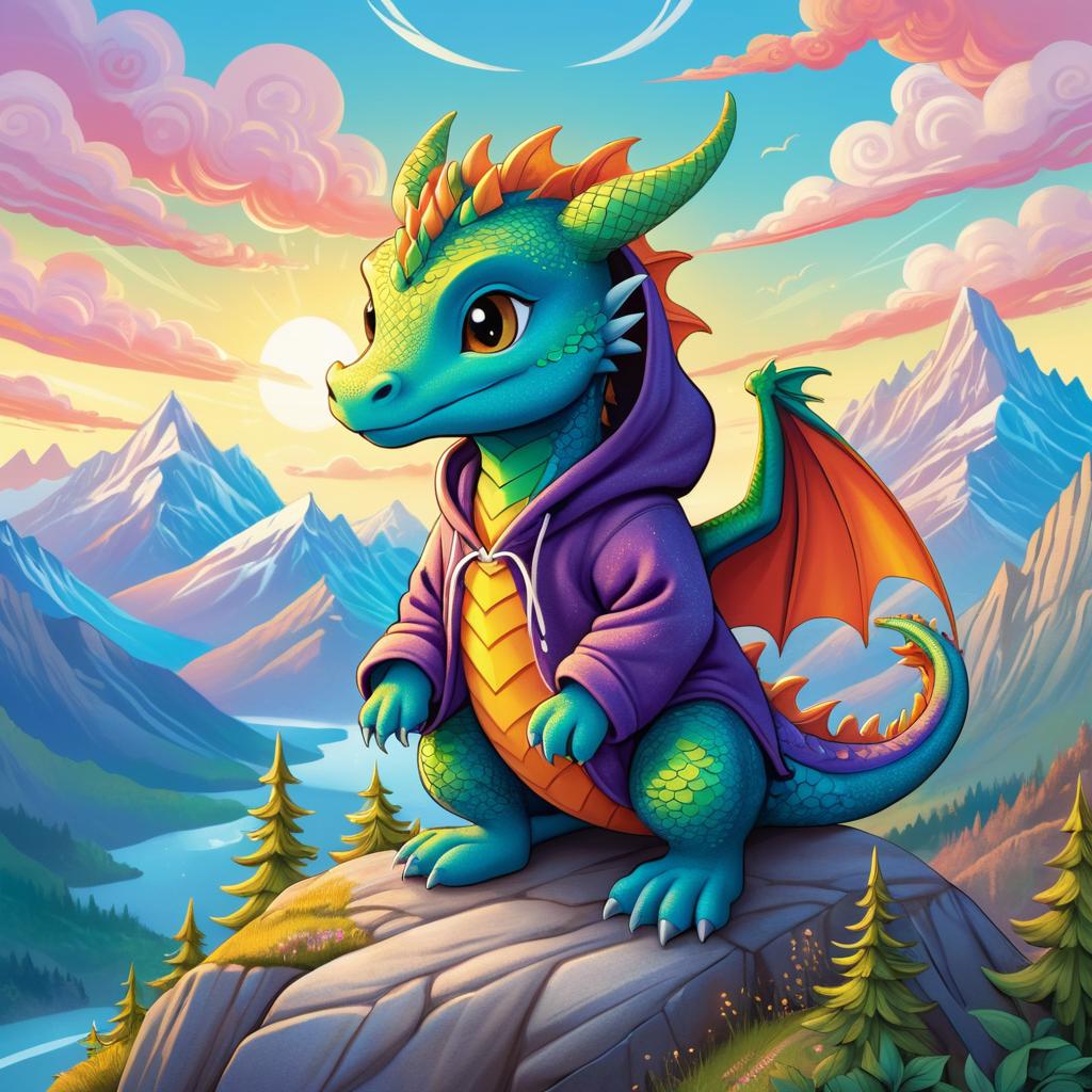 Whimsical Dragon Exploring Mystical Mountains