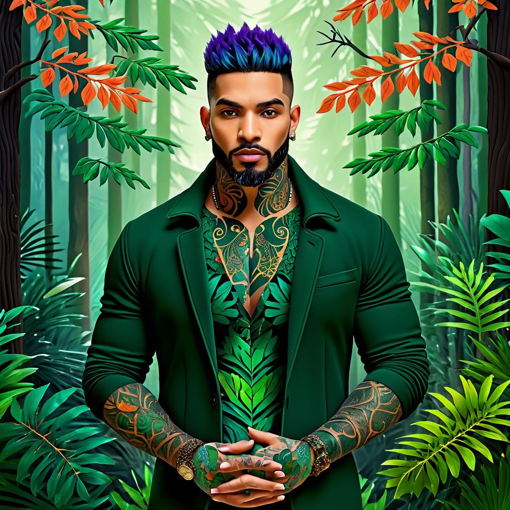 Hyper-Realistic Tattooed Man in Forest