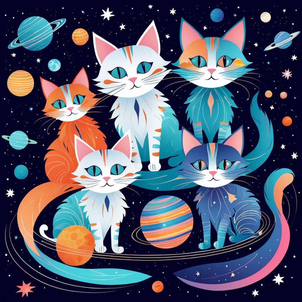 Whimsical Space Cats Among Cosmic Planets