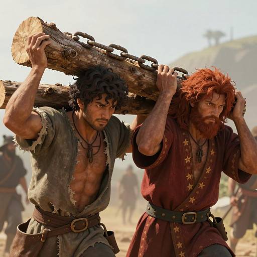 Two men carrying chain-bound log