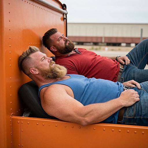 Photograph of two bearded men, one in a blue tank top and the other in a red shirt, relaxing against an orange metal structure. Blue