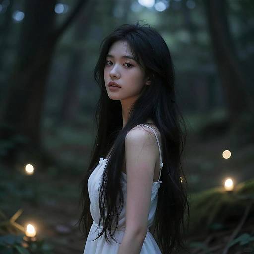 Photograph of an Asian woman with long, black, wet hair wearing a white dress, standing in a dimly lit forest with glowing lights in the