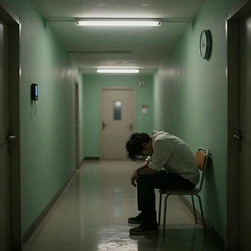 Man Sitting Alone in Dimly Lit Hallway