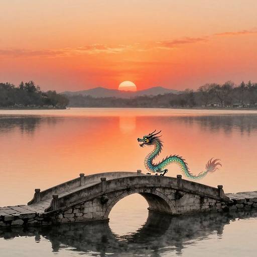 Photograph of a vibrant orange sunset over a calm lake, featuring a green, dragon-shaped statue with intricate details, perched on a stone arch bridge