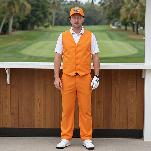 Photograph of a man in orange golf attire, white shirt, white gloves, and cap, standing in front of a wooden railing on a golf course
