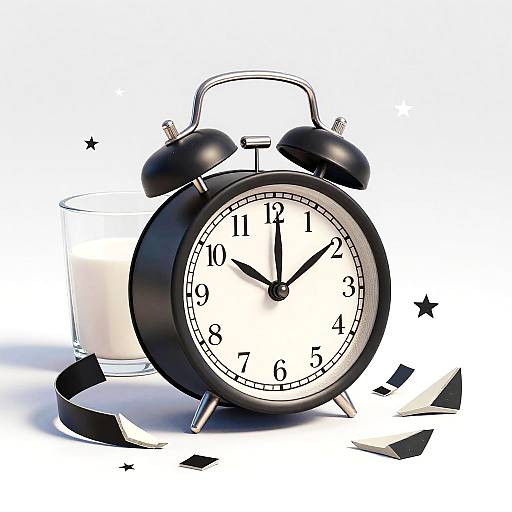 Classic Alarm Clock with Shattered Pieces and Glass of Milk