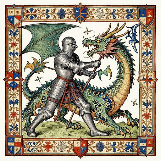 Illustration of a knight in silver armor, sword raised, facing a fierce green dragon with wings and horns, framed by ornate medieval border.