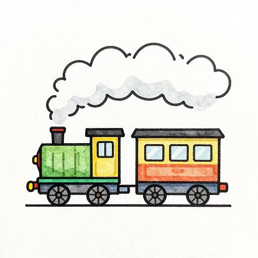 Colorful cartoon drawing of a green and yellow steam locomotive with a red and orange passenger car, emitting white smoke, on black railroad tracks.