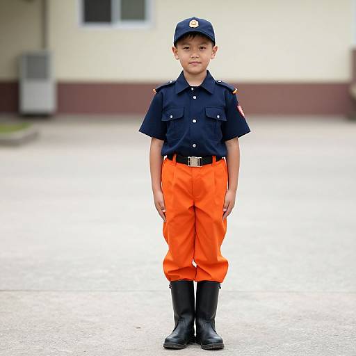 Boy in Navy Uniform with Orange Pants