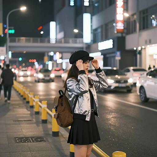 Urban Night Scene with Young Woman
