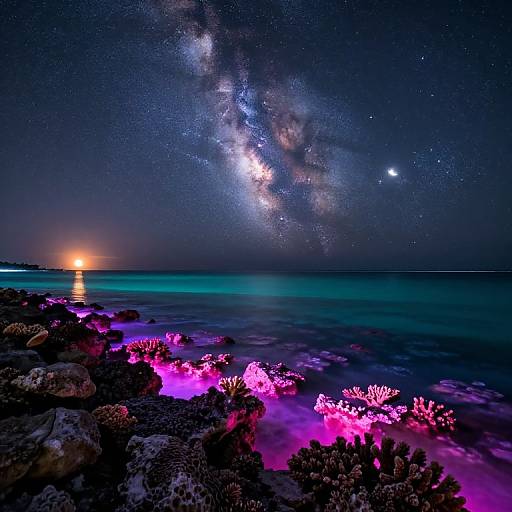 Photograph of a vibrant night seascape with glowing pink corals, starry Milky Way, bright moon, and ocean reflection.