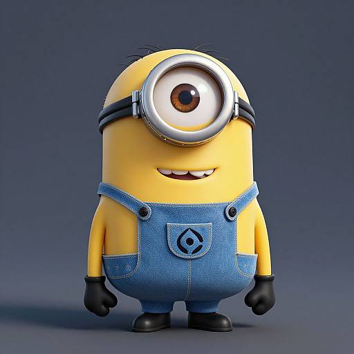 CGI image of Minion-style character: yellow, cylindrical, single-eyed with large lens, blue denim overalls, black gloves, standing against dark