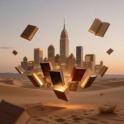 Photograph of floating books over a desert at sunset, with the New York City skyline in the background. Books glow warmly against the golden sky and sand