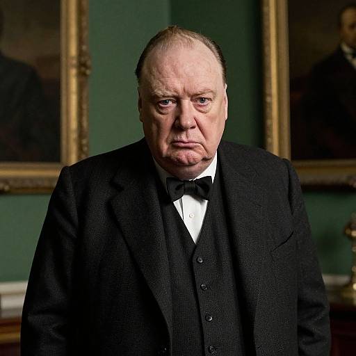 Photograph of an older white man with receding hairline, wearing a black suit, white shirt, and black bow tie, standing in a dim