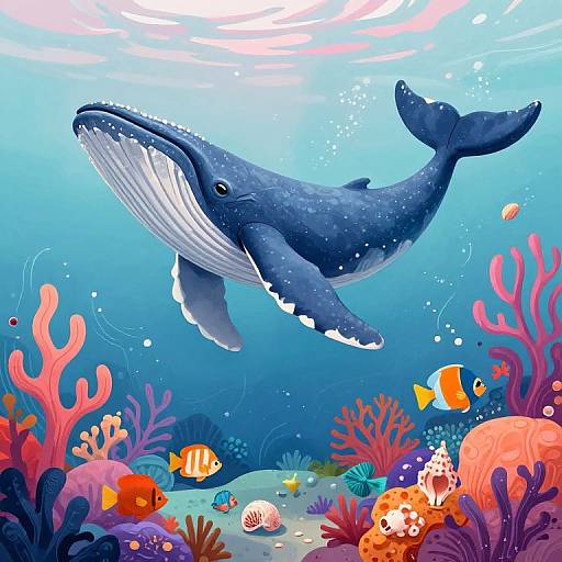 Vibrant underwater illustration of a blue whale swimming among colorful corals, various fish, and sea creatures in a bright, clear ocean.