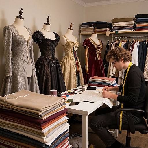 Photograph of a man in black suit and yellow tie, sitting at a desk in a dressmaking workshop, surrounded by vintage dresses and fabric stacks.