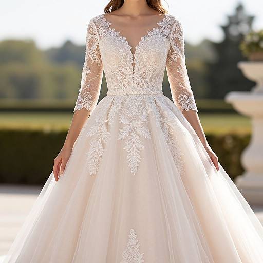 Photograph of a woman in a white, lace-trimmed, V-neck, long-sleeve wedding gown with a full skirt, standing in