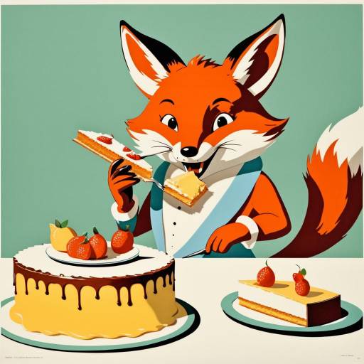 Anthropomorphic Fox Eating Cake Lithograph