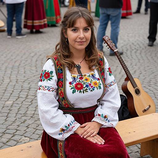 Photograph of a brunette woman with wavy hair, wearing a white embroidered blouse and red velvet skirt, sitting on a wooden bench with an acoustic guitar