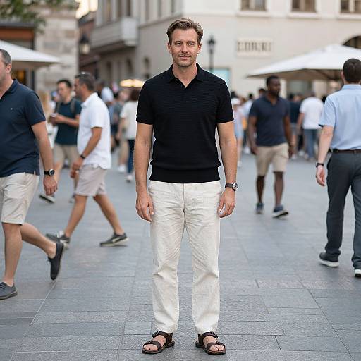 Photograph of a handsome, fit man with short brown hair, wearing a black polo shirt, white pants, and black sandals, standing in a busy