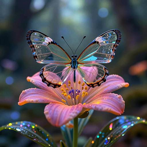 Realistic Glass Butterfly on Neon Flower