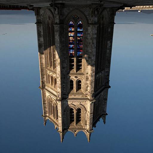 Photograph of a Gothic cathedral tower reflected upside-down in a calm blue body of water, with sunlight highlighting its intricate stone architecture and colorful stained glass windows
