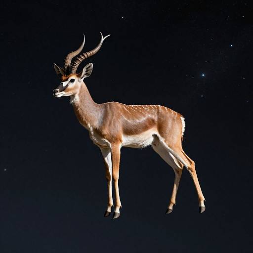 Photograph of a standing antelope with dark brown and white fur, long curved horns, and black-tipped ears, against a dark, starry