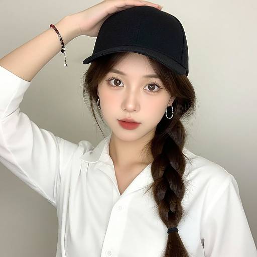 Photograph of an Asian woman with fair skin, dark brown eyes, and long braided hair, wearing a black cap, white shirt, hoop earrings