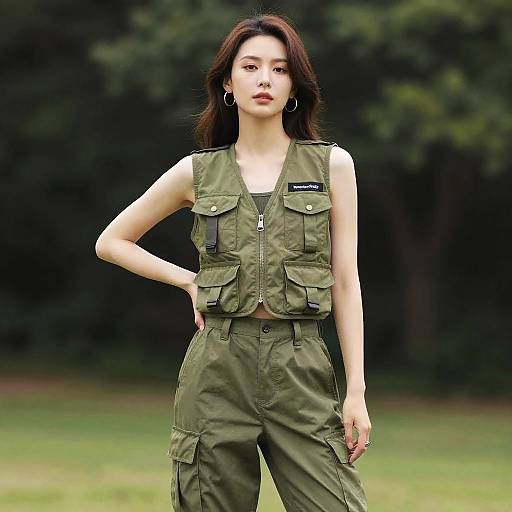 Photograph of a young Asian woman with long dark hair, wearing a sleeveless olive green military-style vest and matching pants, standing confidently outdoors with a