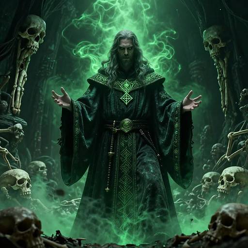 Digitally illustrated dark fantasy scene: Long-haired, green-aura emitting wizard in ornate black robe, surrounded by floating skulls and green mist, standing